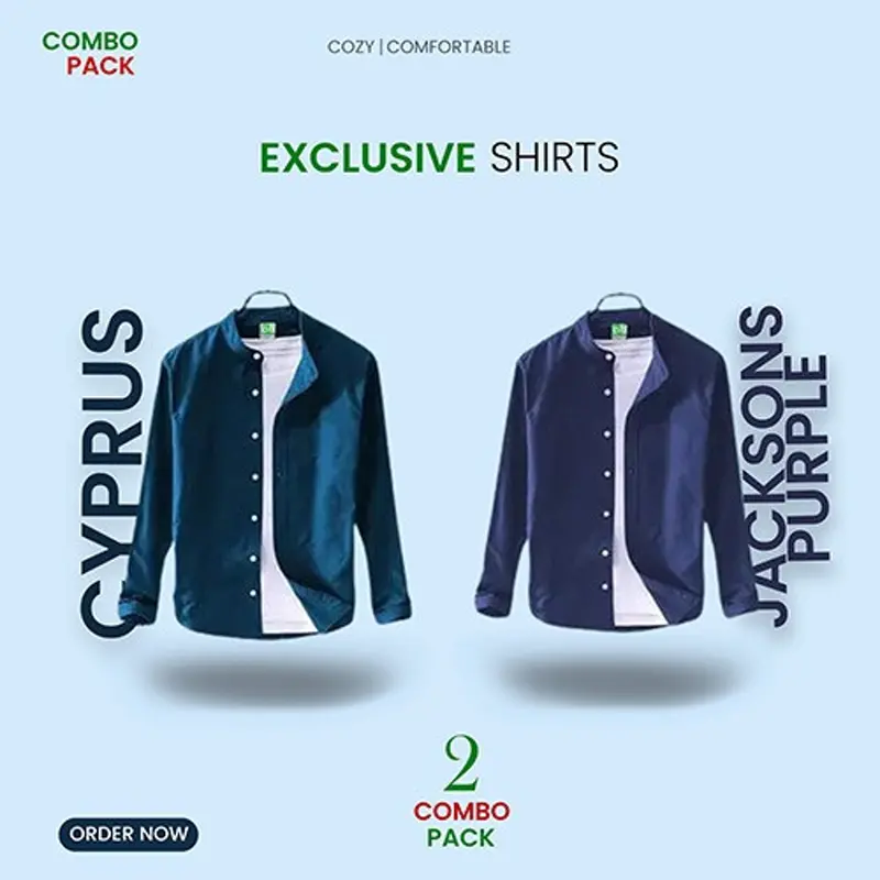 Men's Solid Colour Ban Color Shirt 2 pcs Combo (Petrol + Navy) M3200 + M3203