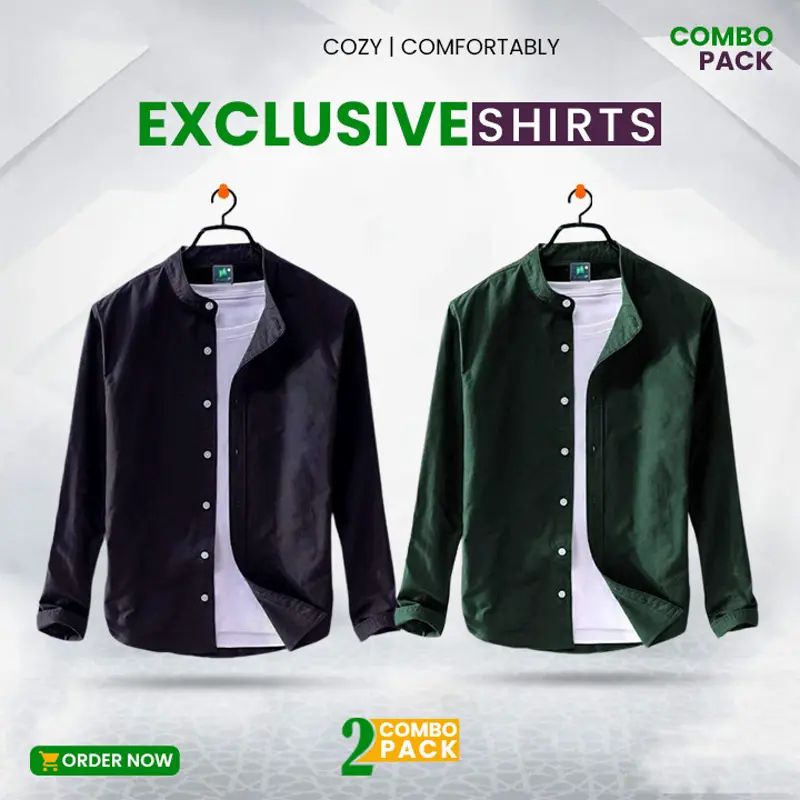 Men's Solid Colour Ban Color Shirt 2 pcs Combo (Black + Green) M3111 + M3106