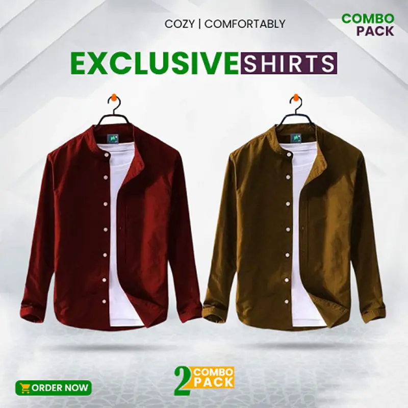 Men's Solid Colour Ban Color Shirt 2 pcs Combo (Light Maroon + Golden) M3105 + M3212